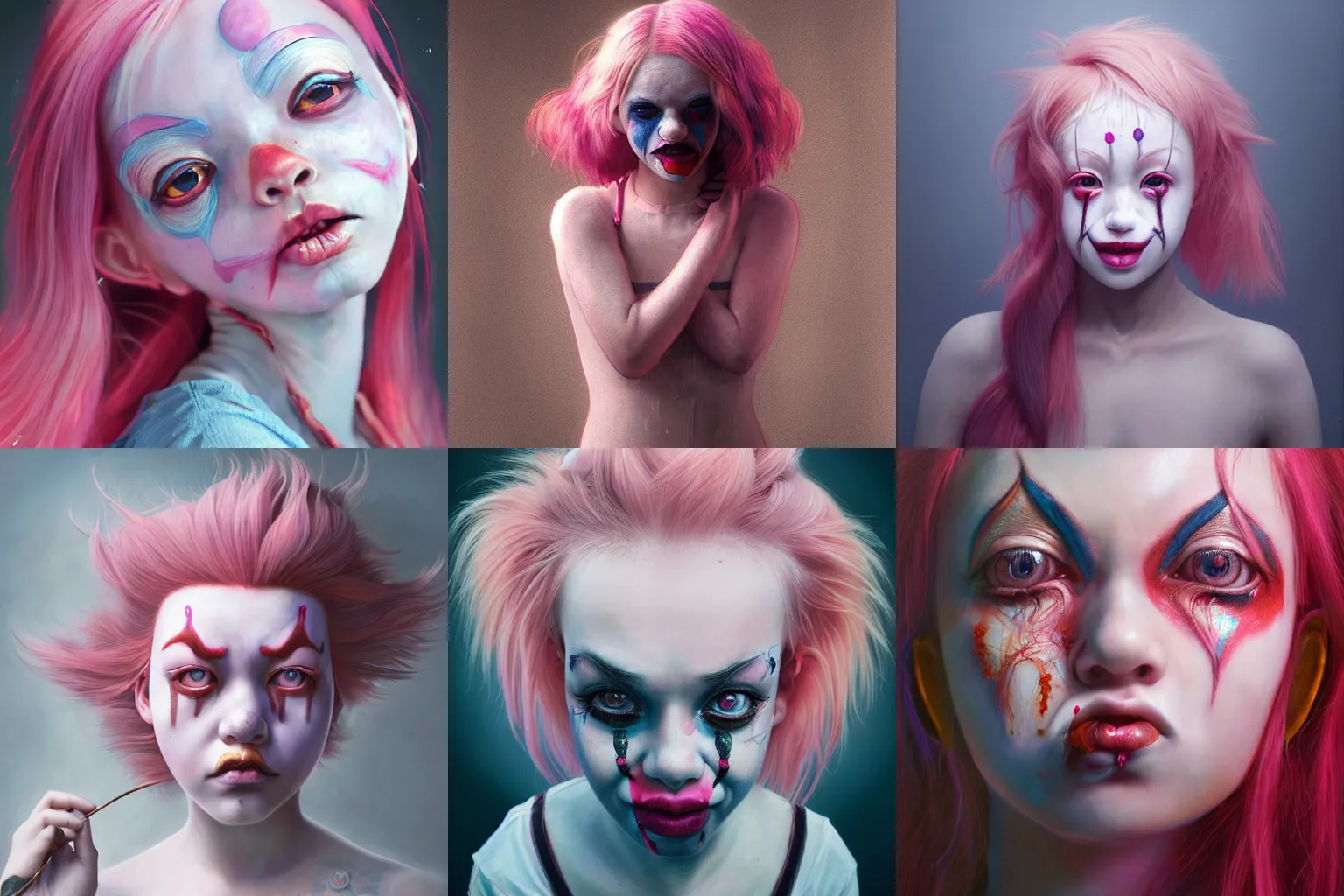 Prompt: breathtaking detailed painting of clown girl crying, pink hair, with anxious, piercing eyes, james jean, miho hirano, extremely moody lighting, hyperrealistic, octane render, rpg portrait, ambient light, dynamic lighting