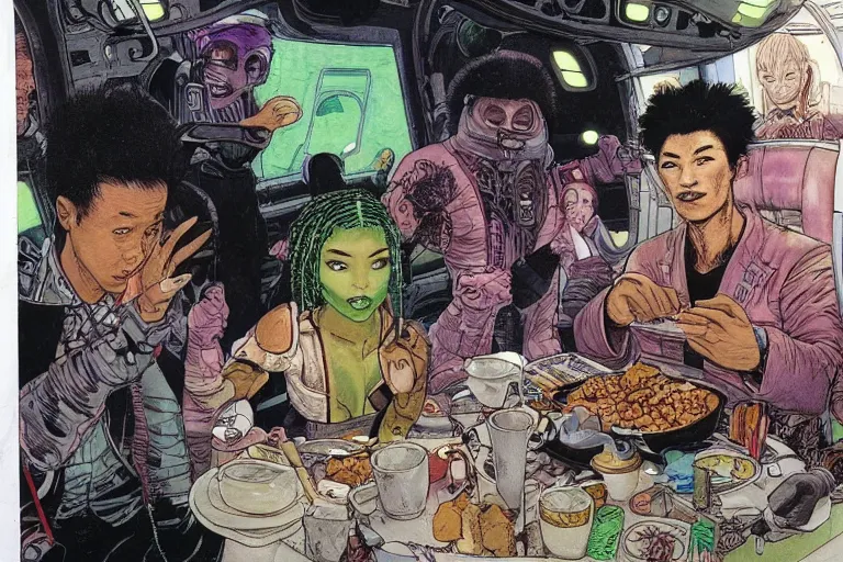 Image similar to asian people and black people and green - skinned humanoids eating breakfast aboard a cyberpunk spaceship, by michael wm kaluta