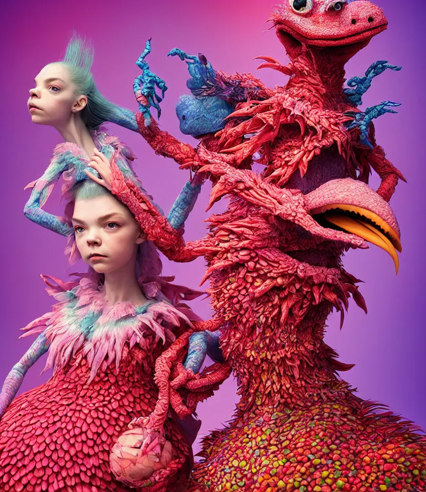 Image similar to hyper detailed 3d render like a Oil painting - kawaii portrait of two Aurora (a beautiful skeksis muppet fae princess protective playful expressive acrobatic from dark crystal that looks like Anya Taylor-Joy) seen red carpet photoshoot in UVIVF posing in scaly dress to Eat of the Strangling network of yellowcake aerochrome and milky Fruit and His delicate Hands hold of gossamer polyp blossoms bring iridescent fungal flowers whose spores black the foolish stars by Jacek Yerka, Ilya Kuvshinov, Mariusz Lewandowski, Houdini algorithmic generative render, golen ratio, Abstract brush strokes, Masterpiece, Edward Hopper and James Gilleard, Zdzislaw Beksinski, Mark Ryden, Wolfgang Lettl, hints of Yayoi Kasuma and Dr. Seuss, octane render, 8k