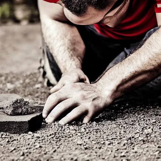 Prompt: a man angrily eating cement