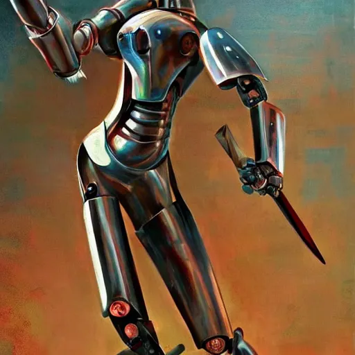 Prompt: a magnificent robot holding a powerful sword, most beautiful image ever created, emotionally evocative, greatest art ever made, lifetime achievement magnum opus masterpiece, the most amazing breathtaking image with the deepest message ever painted, a thing of beauty beyond imagination or words