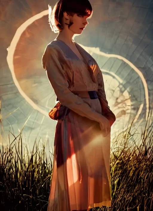 Image similar to beautiful Felicita Jones wearing a vintage Raypunk outfit, accurate anatomy, abstract sun in background, shiny soft skin, soft lighting, sharp details, warm colors, full body portrait, 35 mm film, subsurface scattering, lens flare