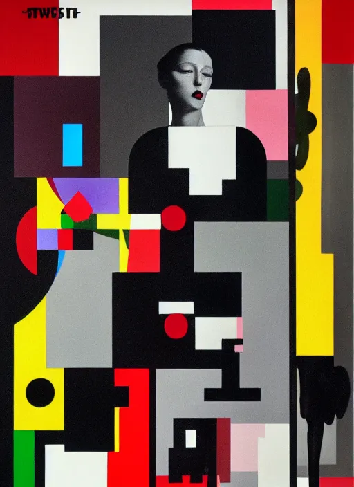 Prompt: typography, steven meisel, kaws, rolf armstrong, mondrian, kandinsky, perfect geometry abstract acrylic, octane hyperrealism photorealistic airbrush collage painting, dark monochrome, fluorescent colors, minimalist rule of thirds, eighties eros