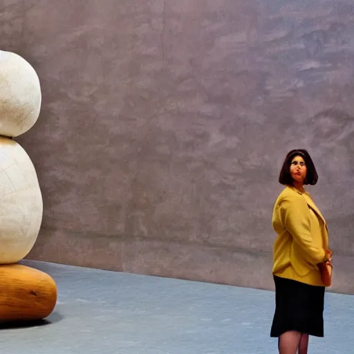 Image similar to a woman standing next to a large wooden ball, a marble sculpture by fernando botero, pexels contest winner, qajar art, full body, windows vista, ray tracing