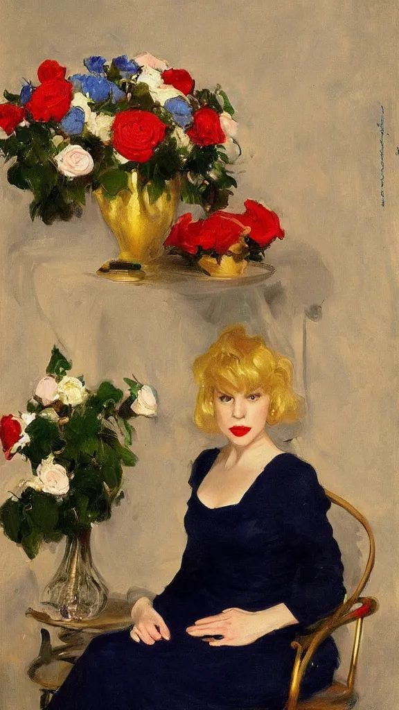 Image similar to young julee cruise in detailed golden lace navy dress beside a pot of red roses set near a persian blue detailed pot by john singer sargent