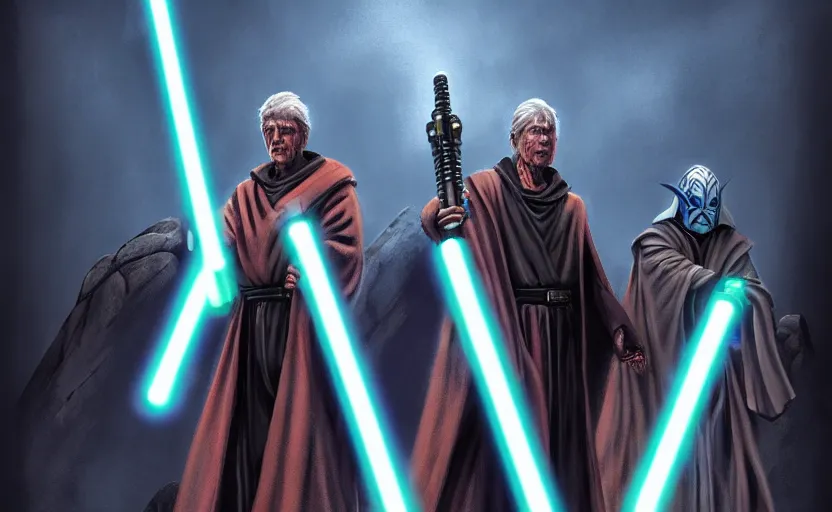 Image similar to epic portrait of a robed Jedi and Sith standing back to back, lightsabers in hand, ancient High Republic stone temple environment, high contrast, 8k clean fantasy comic book cover illustration