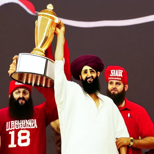 Image similar to photo of osama bin laden lifting larry o'brien trophy