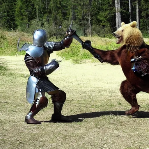 Image similar to medieval knight fights a bear. the bear is gigantic