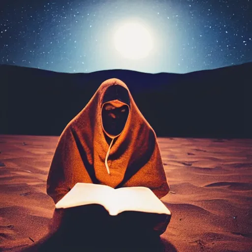 Prompt: a person with a brown hooded cloak, sitting under a palm tree reading an ancient text, night, drone shot, starry sky, desert, warm light from small fire