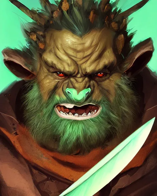 Image similar to A head and shoulder portrait of a Dungeons and Dragons bugbear with green hair and purple eyes he looks angry at his knife by Greg Rutkowski, Sung Choi, Mitchell Mohrhauser, Maciej Kuciara, Johnson Ting, Maxim Verehin, Peter Konig, final fantasy, 8k photorealistic, cinematic lighting, HD, high details, dramatic, epic atmosphere, trending on artstation