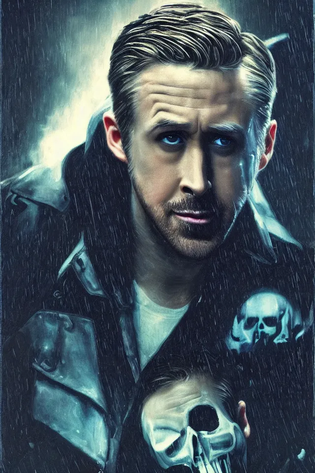 Image similar to Ryan Gosling As The Punisher, skull face makeup, head and shoulders portrait, stormy weather, extremely detailed masterpiece, oil on canvas, low-key neon lighting, artstation, Blade Runner 2049, Roger Deakin’s cinematography, by J. C. Leyendecker and Peter Paul Rubens and Edward Hopper and Michael Sowa