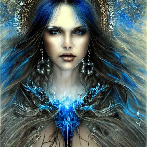 Image similar to masterpiece goddess of sorrow portrait, 3 0 years woman, melancholic face, long hair digital painting by louis royo and julie bell, dark tenebrous blue background, cinematic light, aura effect, some chaotic sparkles, wind, unreal engine, artstation, deviantart, pinterest