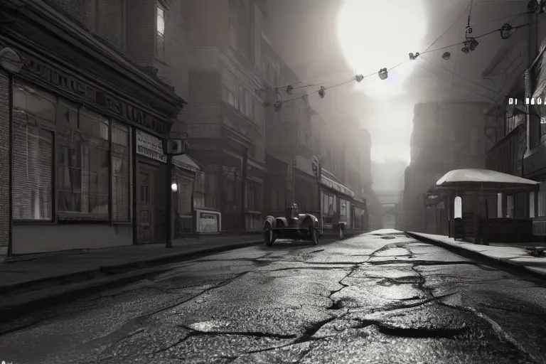 Prompt: still photo of a 1 9 0 0 s street, film noir, highly detailed, photorealistic portrait, bright studio setting, studio lighting, crisp quality and light reflections, unreal engine 5 quality render
