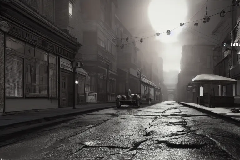 Image similar to still photo of a 1 9 0 0 s street, film noir, highly detailed, photorealistic portrait, bright studio setting, studio lighting, crisp quality and light reflections, unreal engine 5 quality render