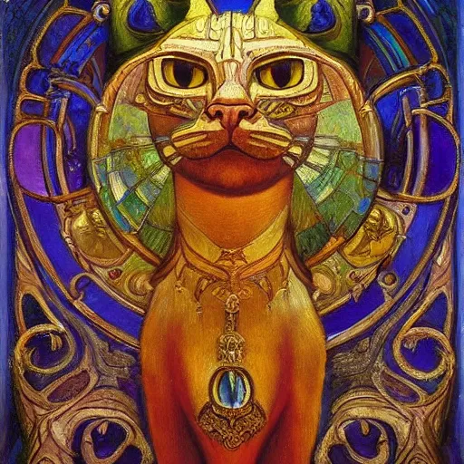 Image similar to masterpiece painting of an ornate bejeweled cat head, by annie swynnerton and diego rivera and nicholas roerich and jean delville, symbolist, dramatic lighting, god rays, elaborate geometric ornament, art brut, rich colors, smooth, sharp focus, extremely detailed, adolf wolfli and ( donato giancola )