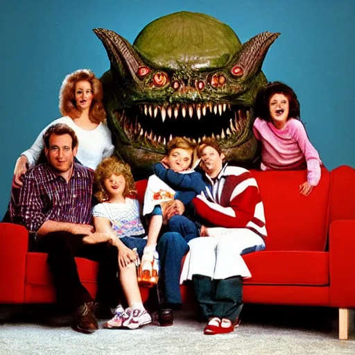 Image similar to vintage 1 9 9 0's sitcom photo, a happy photogenic family and a large giant evil demonic horrifying angry detailed monstrous demon creature inside a 1 9 8 0's sitcom living room