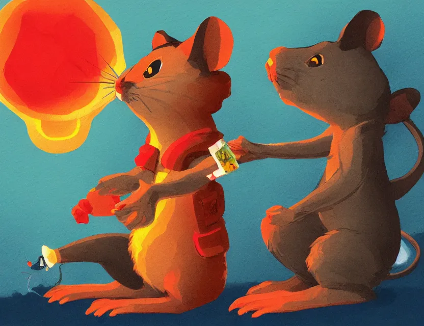 Prompt: adventurer mouse smoking a joint with the cat, cat has big red eyes, tired look. complementary colors, gouache, indie concept art, bloom, chiaroscuro, backlighting, intricate details.