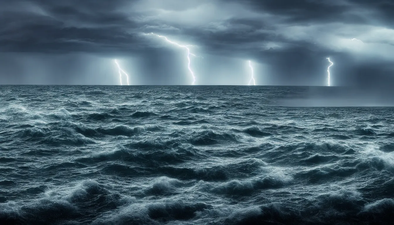 Image similar to lake, waves, nuclear rockets, strong wind, raining, distant thunder, atmospheric, scary, claustrophobic, ambient vibe, very detailed, high resolution, 8 k