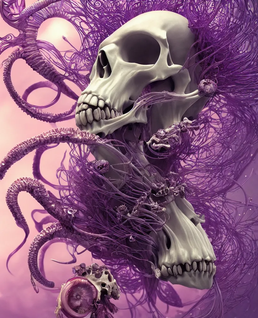 Image similar to goddess close-up portrait ram skull, thorax, x-ray, backbone, jellyfish phoenix head, nautilus, orchid, skull, betta fish, bioluminiscent creatures, intricate artwork by Tooth Wu and wlop and beeple. octane render, trending on artstation, greg rutkowski very coherent symmetrical artwork. cinematic, hyper realism, high detail, octane render, 8k