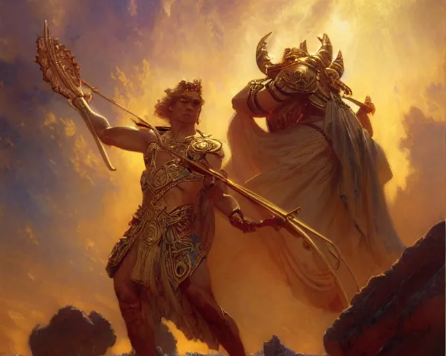 Image similar to attractive heroic male deity, casts magic, summoning handsome heroic lucifer morning star. highly detailed painting by gaston bussiere, craig mullins, j. c. leyendecker 8 k