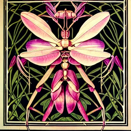 Image similar to potrait of an orchid mantis by William Morris, horizontal symmetry, exquisite fine details, Art Nouveau botanicals, deep rich moody colors