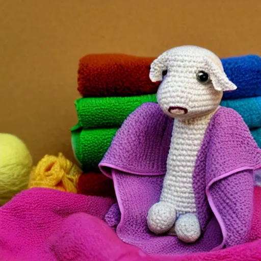 Prompt: amigurumi of a pink mole rat sitting in a colorful towel