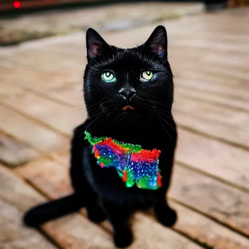 Image similar to a high - quality photo of a black cat sprinkled with ( ( rainbow ) ) glitter, highly detailed, photorealistic, f 2. 8, in - frame, sharpened, sparkly