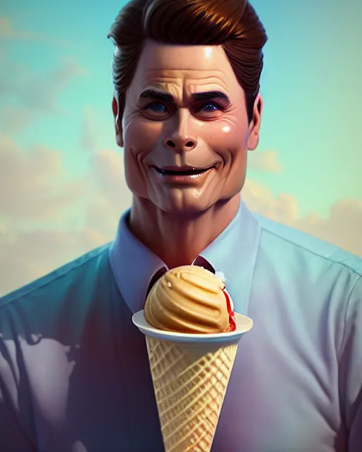 Image similar to full body anthropomorphic ice cream cone man resembling rob lowe!, fantasy, sci - fi, by charlie bowater, artgerm, ilya kuvshinov, krenz cushart, ruan jia, realism, ultra detailed, 8 k resolution