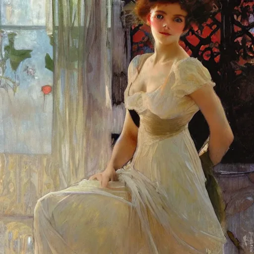 Image similar to photo of a beautiful woman by gil elvgen, greg manchess, mucha, sorrolla, john singer sargent, william waterhouse