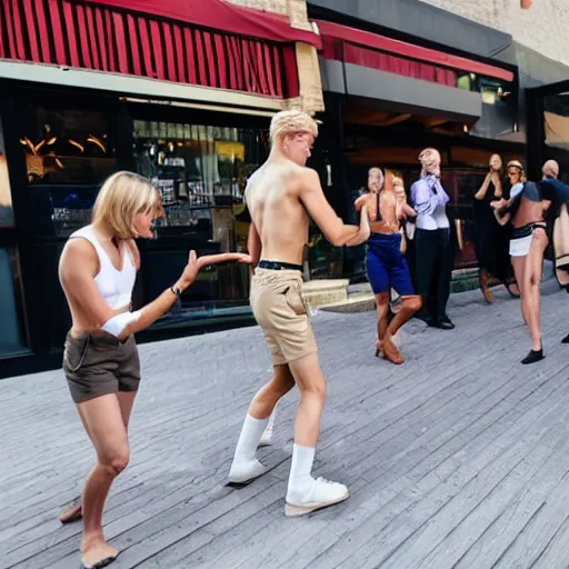 Prompt: A blond androgynous guy in a crop top and shorts dancing with businessmen and lawyers outside starbucks