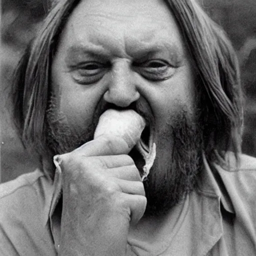 Prompt: robert wyatt chewing on a comically large carrot, photograph, highly detailed