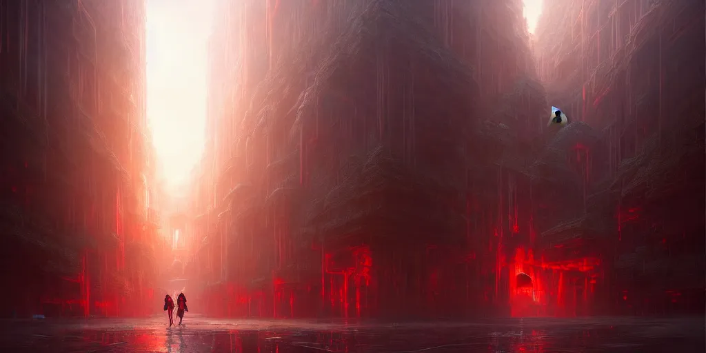 Image similar to a lost city with a loli in red standing in the middle of the road, 4 k resolution, ultra detailed, matte oil painting, mysterious, artstation, art by greg rutkowski