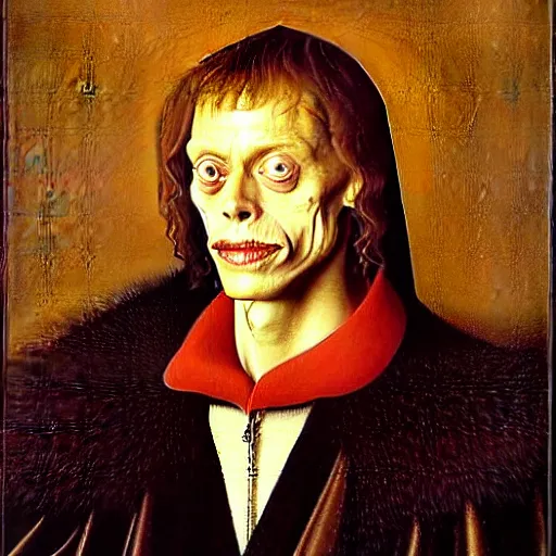 Prompt: portrait of the son of elon willem dafoe steve buscemi, oil painting by jan van eyck, northern renaissance art, oil on canvas, wet - on - wet technique, realistic, expressive emotions, intricate textures, illusionistic detail