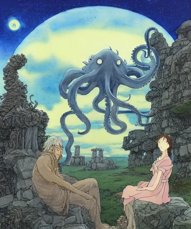 Image similar to a hyperrealist studio ghibli watercolor fantasy concept art. in the foreground is a giant long haired grey octopus sitting in lotus position on top of stonehenge with shooting stars all over the sky in the background. by rebecca guay, michael kaluta, charles vess