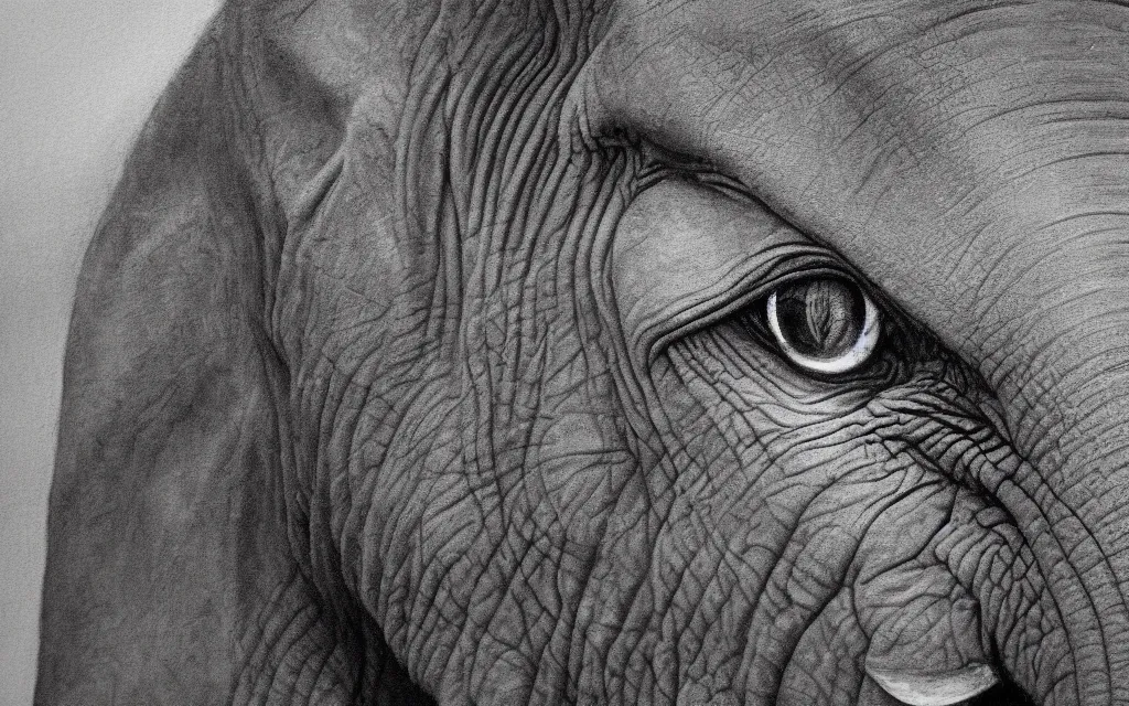 Prompt: an elephant's eye from side on, close up, black and white charcoal drawing, intricate, highly detailed