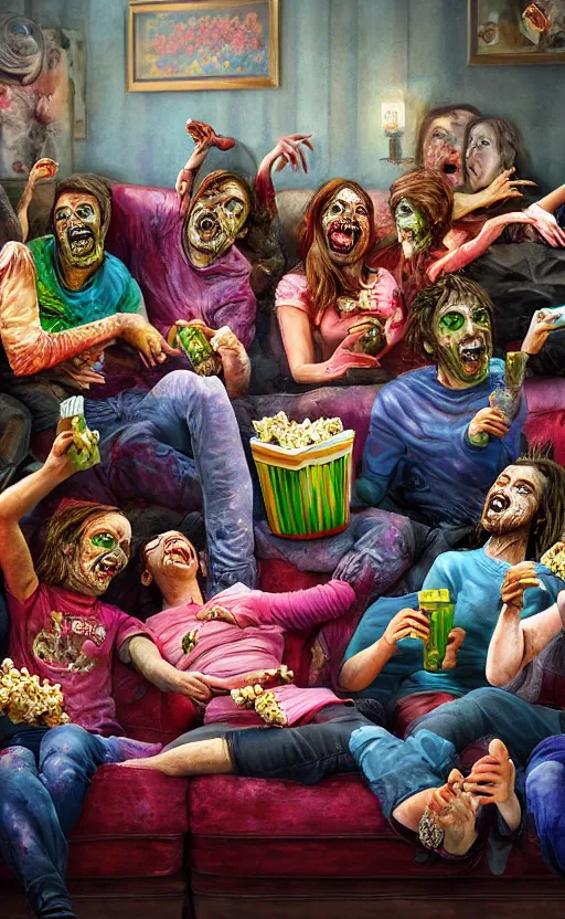 Prompt: beautiful detailed photorealistic painting of a group of friends dressed as zombies on a couch watching a movie eating popcorn. they are smiling and having fun. the friends are happy and having fun. vibrant, high quality, vibrant colors, very funny, beautiful, hq. hd. 4 k. award winning. trending on artstation