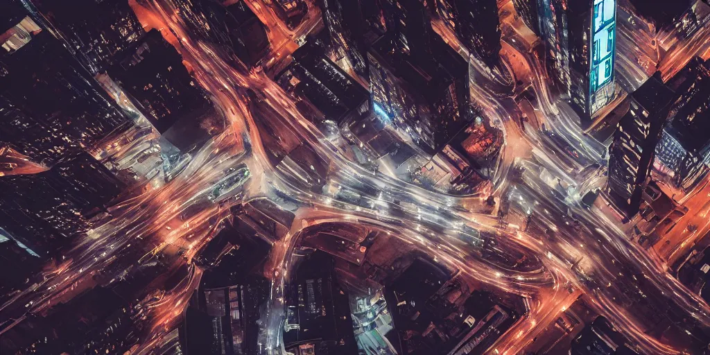 Image similar to a city street at night, raining, photograph, cars on the road, cyberpunk, sharp focus, intricate detail, drone shot