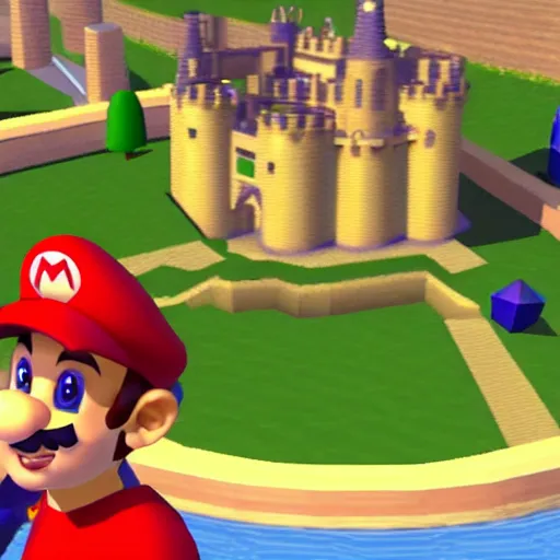 Image similar to phone picture of in - game crt screenshot of lebron james as a low - poly character in super mario 6 4, standing outside princess peach's castle, 4 k, high quality, hyperdetailed