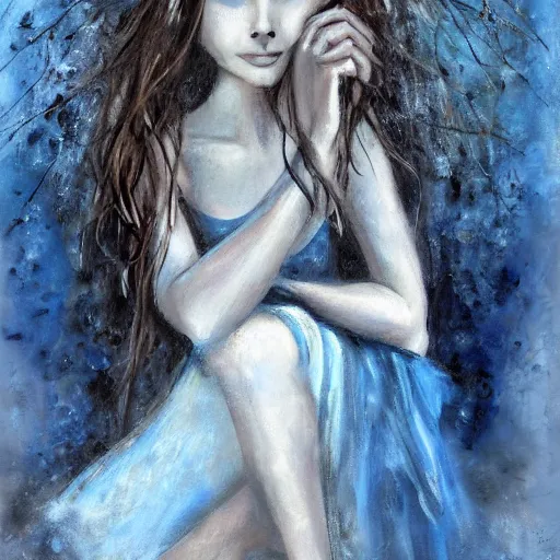 Image similar to painting in the style of lois royo of a single young girl, alone, with no one else around, sitting alone on her throne, drinking coffee. she has long dark hair, blue eyes, two arms, two legs, one torso and one head.