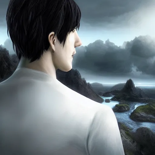 Image similar to a portrait of a young handsome prince, white fringy hair, white shirt under a black tunic, smooth, epic landscape, backlit, incredible lighting, strong rim light, highly detailed, god rays, digital painting, HDRI, by Heise Jinyao, Heise-Lian Yan Fang, Feimo, Richard Taddei, vivid colors, high contrast, 8k resolution, intricate, photorealistic