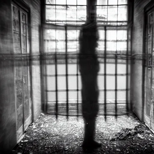 Image similar to a grainy photo of a shadowy figure in a birdcage in an old abandoned hall, black and white, motion blur, long exposure