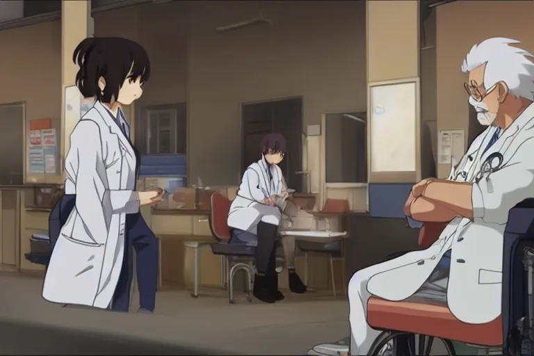 Prompt: a cute young female doctor wearing white coat are serving an old man in a wheelchair in a hospital ward, slice of life anime, cinematic, anime scenery by Makoto shinkai