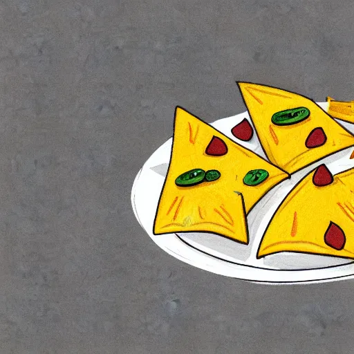 Image similar to drawing of nachos with cheese and jalapeno illustrations, white background, drawing, cartoon, in the style of shyama golden