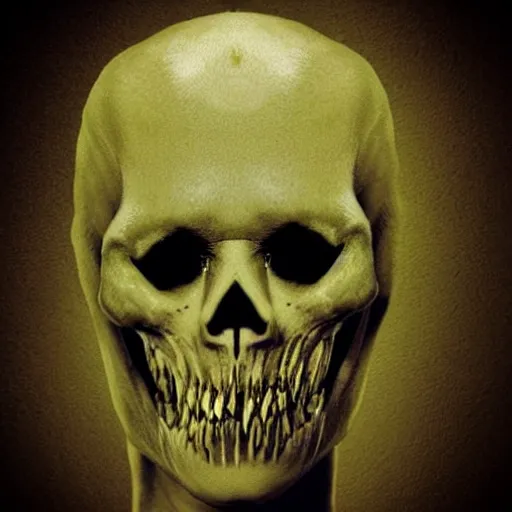 Image similar to crooked teeth, black eyes, gaping mouth, alien looking, skull like, big forehead, horrifying, killer, creepy, dead, monster, tall, incredibly skinny, open mouth, deathly, old photo, turning yellow