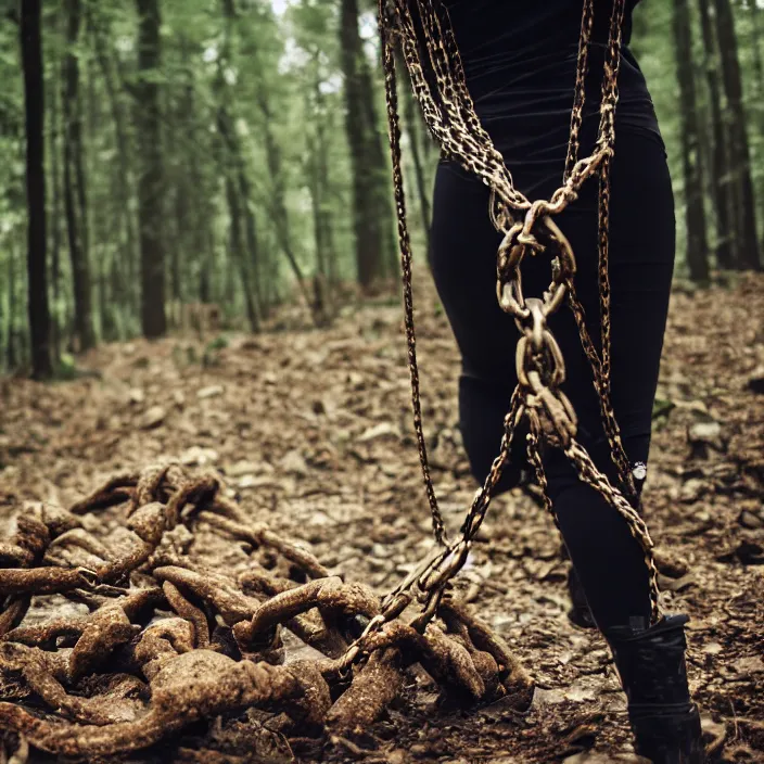 Image similar to a closeup of a woman dragging a pile of chains, in a forest, by Erik Almas, CANON Eos C300, ƒ1.8, 35mm, 8K, medium-format print