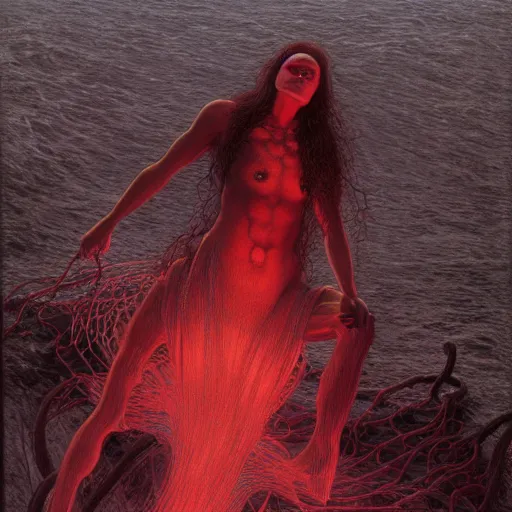 Image similar to evil, shore of the lake, woman, wrapped around by tubes and cables, short black curly hair, glowing red, by edgar maxence and ross tran, zdzisław beksinski, and michael whelan, distant, gustav dore, h. r. giger, 8 k, octane render