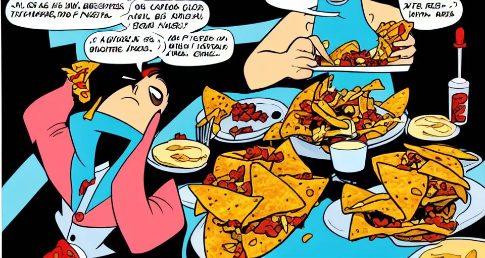 Image similar to a comic book illustration of a priest eating nachos by Bruce Timm