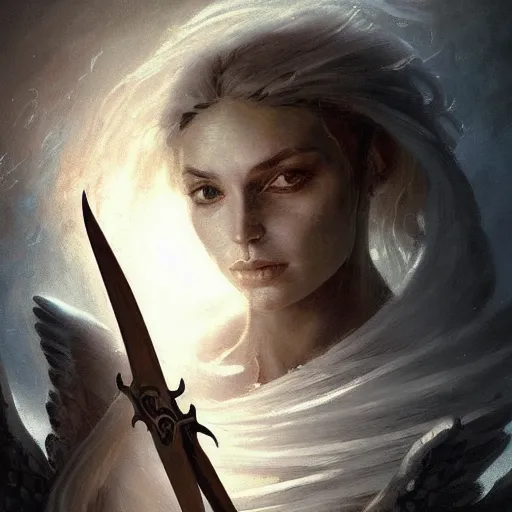 Image similar to a portrait of a beautiful angel of death holding a large scythe by marco bucci and greg rutkowski and frank frazetta, sharp focus, detailed, cinematic, closeup