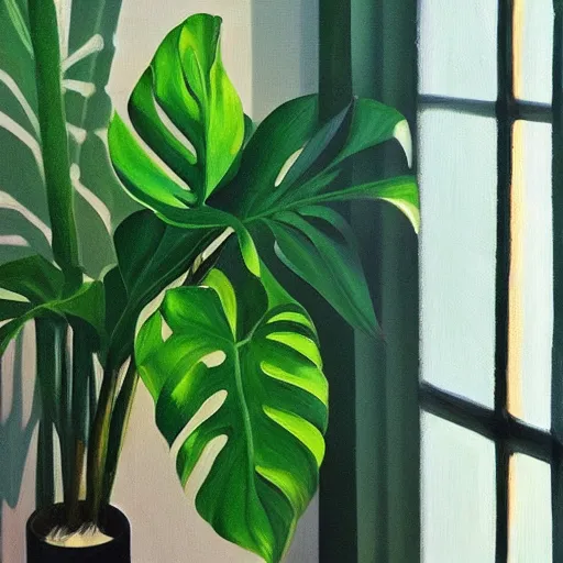 Image similar to “painting of a monstera plant, beams of sunlight streaming through the window, oil on canvas, hd”