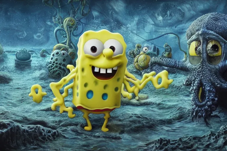 Image similar to Spongebob Cthulhu chimera, photorealistic still from Alien Planet